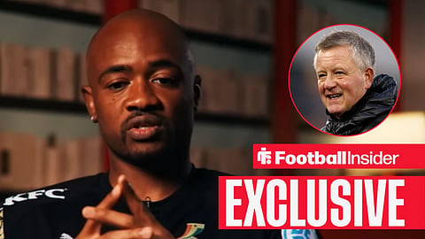 Jordan Ayew in an interview, with Chris Wilder in a circular inset