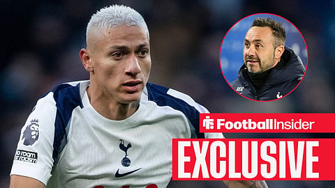 Richarlison in action with Roberto De Zerbi walking into stadium right inset