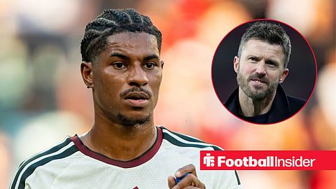 Marcus Rashford applauding, with Michael Carrick in a circular inset