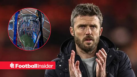 Michael Carrick applauding, with the Champions League trophy in a circular inset