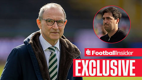 Martin O'Neill on pitch before a game with Andoni Iraola also on pitch right inset