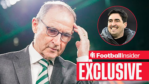 Martin O'Neill walking into stadium with Andoni Iraola celebrating with fans right inset