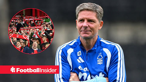 Nottingham Forest manager Oliver Glasner smiles, while the fans hold scarves aloft in a circular inset.