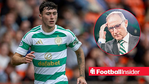 Celtic defender Colby Donovan in action during a game, as manager Martin O'Neill scratches his head in a circular inset.