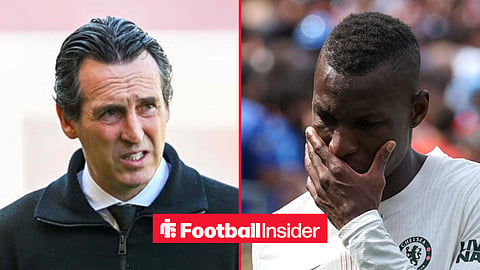 Unai Emery on the sidelines at Aston Villa, with Nicolas Jackson with his head in his hands