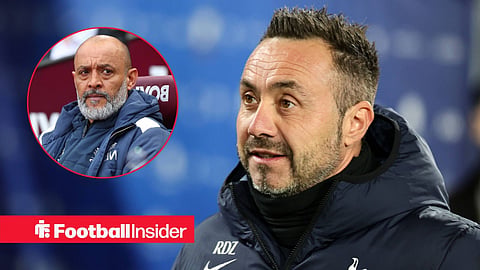 Tottenham manager Roberto De Zerbi stares towards West Ham boss Nuno Espírito Santo, who watches from a circular inset.