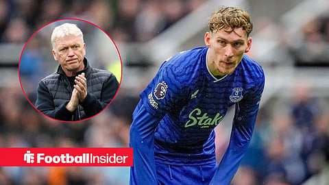 Everton midfielder James Garner stares towards manager David Moyes, who applauds in a circular inset.