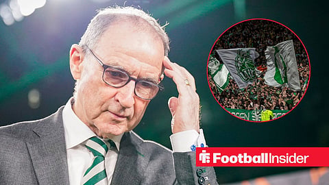 Celtic manager Martin O'Neill scratches his head, while the fans wave flags in a circular inset.