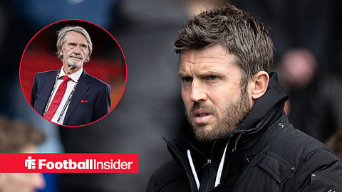 Man United manager Michael Carrick stares towards co-owner Sir Jim Ratcliffe, who watches from a circular inset.