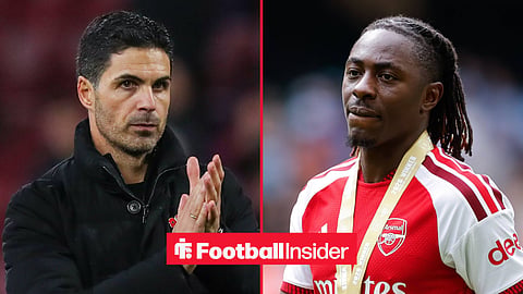 Mikel Arteta on the sidelines at Arsenal, with Eberechi Eze wearing a Premier League winners medal