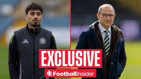 Football Insider exclusive as Celtic winger Sebastian Tounekti stares across a split image towards manager Martin O'Neill.
