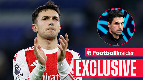 Football Insider exclusive as Arsenal midfielder Martin Zubimendi applauds, while manager Mikel Arteta watches from a circular inset.