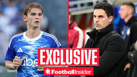 Football Insider exclusive as Como midfielder Nico Paz stares across a split image towards Arsenal manager Mikel Arteta.