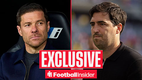 Football Insider exclusive as Chelsea manager Xabi Alonso stares across a split image towards Liverpool boss Andoni Iraola.