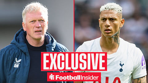 Football Insider exclusive as Everton manager David Moyes stares across a split image towards Tottenham striker Richarlison.