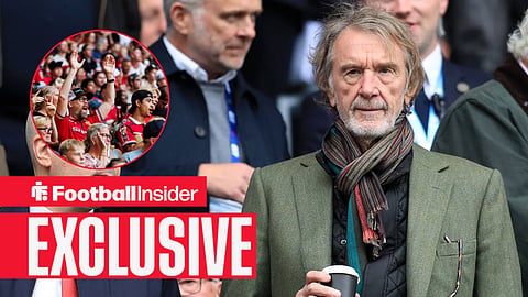 Football Insider exclusive as Manchester United co-owner Sir Jim Ratcliffe stares towards the fans, who watch from a circular inset.