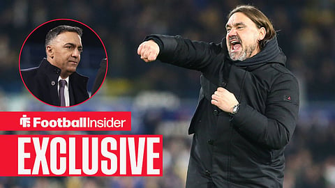 Football Insider exclusive as Leeds manager Daniel Farke punches the air, while chairman Paraag Marathe watches from a circular inset.