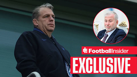 Football Insider exclusive as Chelsea chairman Todd Boehly stares towards Roman Abramovich, who watches from a circular inset.