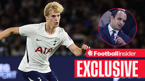 Football Insider exclusive as Tottenham midfielder Lucas Bergvall is in action, while chief executive Vinai Venkatesham watches from a circular inset.