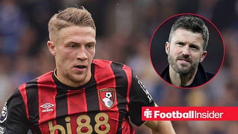 Adrien Truffert in action for Bournemouth, with Michael Carrick in a circular inset