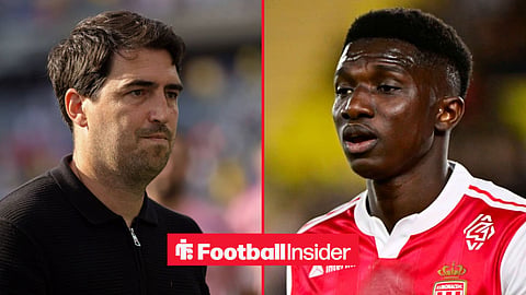 Andoni Iraola on the sidelines at Liverpool, with Lamine Camara in action for Monaco