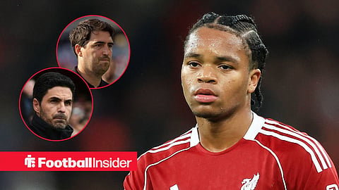 Rio Ngumoha in action for Liverpool, with Andoni Iraola and Mikel Arteta in circular insets