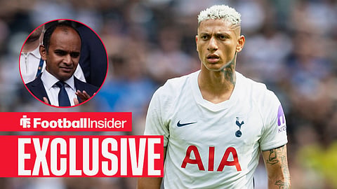 Football Insider exclusive as Tottenham striker Richarlison stares towards chief executive Vinai Venkatesham, who looks concerned in a circular inset.