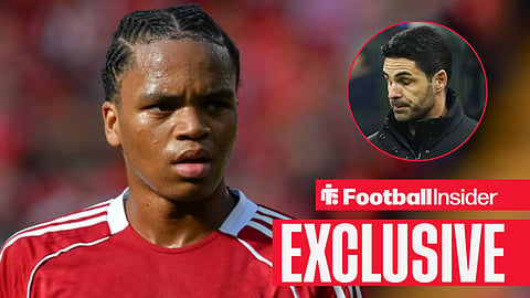Rio Ngumoha in action with Mikel Arteta looking annoyed right inset