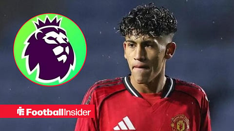 JJ Gabriel in action for Man United, with the Premier League logo in a circular inset