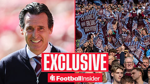 Football Insider exclusive as Aston Villa manager Unai Emery stares across a split image towards the fans, who wave flags in a circular inset.