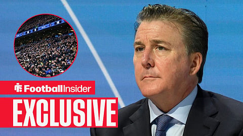 Football Insider exclusive as Everton owner Dan Friedkin stares towards the fans, who watch from a circular inset.