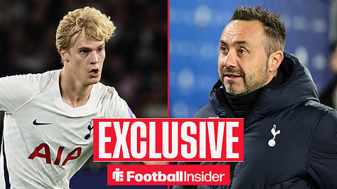 Football Insider exclusive as Tottenham midfielder Lucas Bergvall stares across a split image towards manager Roberto De Zerbi.