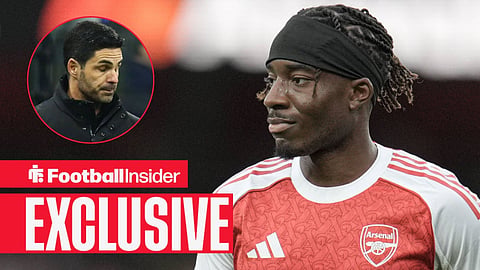 Noni Madueke in action with Mikel Arteta on sideline left inset