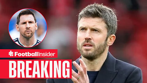 Michael Carrick applauding at Man United, with Lionel Messi in a circular inset