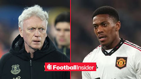 David Moyes on the sidelines at Everton, with Anthony Martial in action for Man United