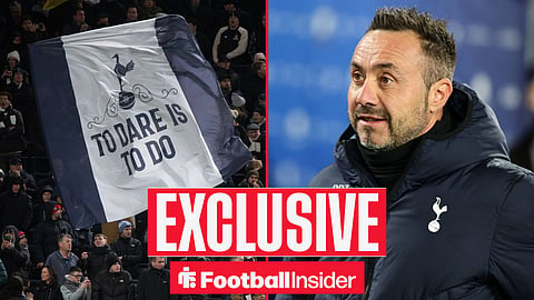 Football Insider exclusive as Tottenham fans and manager Roberto De Zerbi feature on either side of a split image.
