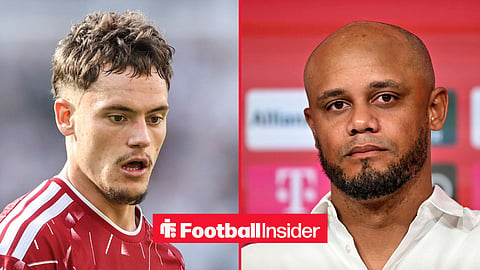 Florian Wirtz in action for Liverpool, with Vincent Kompany in a press conference for Bayern Munich