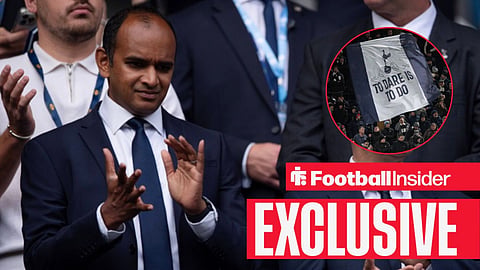 Football Insider exclusive as Tottenham chief executive Vinai Venkatesham applauds, while the fans wave flags in a circular inset.