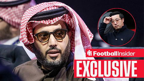 Football Insider exclusive as Turki Alalshikh stares towards Leicester owner Aiyawatt Srivaddhanaprabha, who watches from a circular inset.