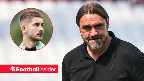 Daniel Farke on pitch before game with Romano Schmid in training left inset