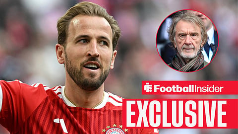 Harry Kane celebrating with Jim Ratcliffe in stands right inset