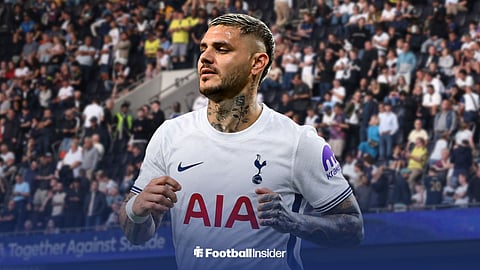 An image of free agent striker Mauro Icardi in action in a Tottenham shirt.