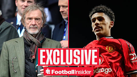 Football Insider exclusive as Manchester United owner Sir Jim Ratcliffe stares across a split image towards young prodigy JJ Gabriel.