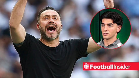 Roberto De Zerbi with hands up annoyed on sideline and Oliver Irow being interviewed right inset