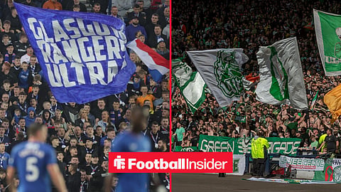 Rangers fans and Celtic fans feature on either side of a split image.