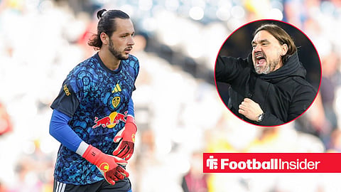 Leeds goalkeeper James Trafford warms up for a game, while manager Daniel Farke looks happy in a circular inset.