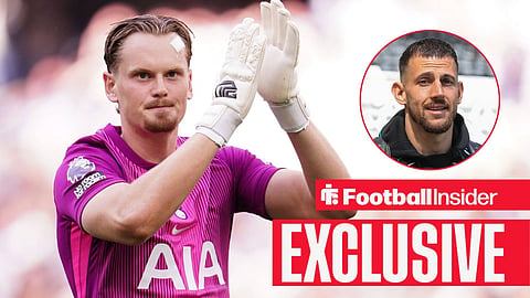 Football Insider exclusive as Tottenham goalkeeper Antonin Kinsky applauds, while Martin Dubravka watches from a circular inset.