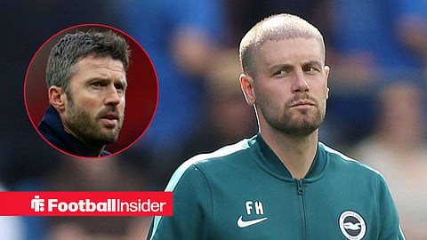 Fabian Hurzeler on the sidelines at Brighton, with Michael Carrick in a circular inset