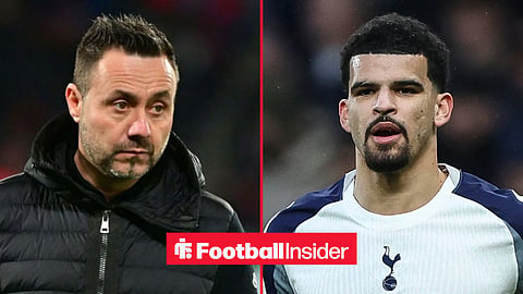 Roberto De Zerbi on the sidelines, with Dominic Solanke in action for Tottenham