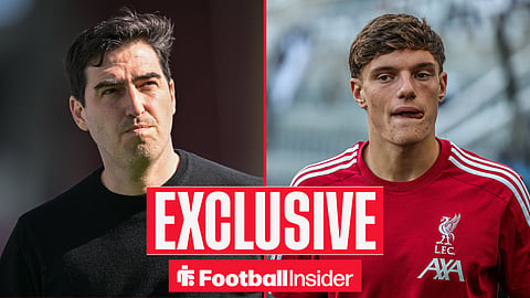 Football Insider exclusive as Liverpool manager Andoni Iraola and defender Giovanni Leoni feature on either side of a split image.